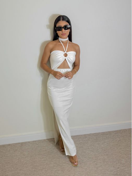 Vestido Canelado Cintia Off - Loja La Mina 