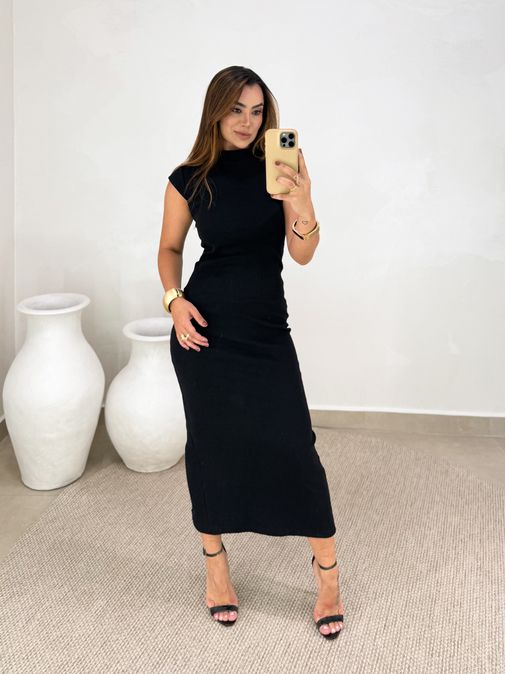 Vestido Canelado Buenos Aires Preto - Loja La Mina 