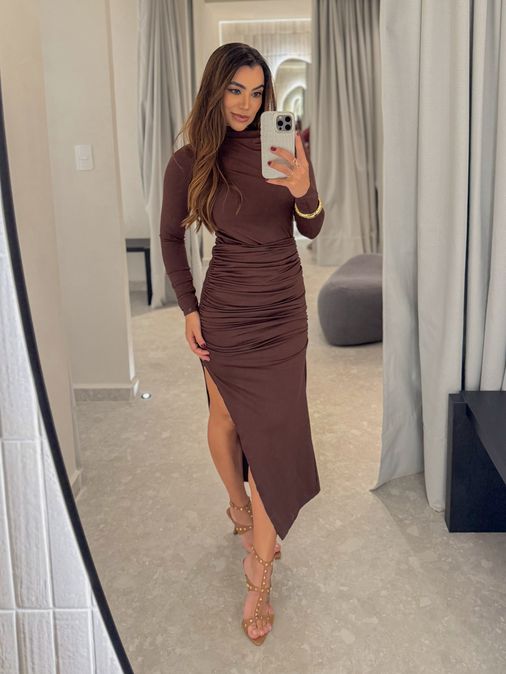 Vestido Suplex Manga Longa Café - Loja La Mina 