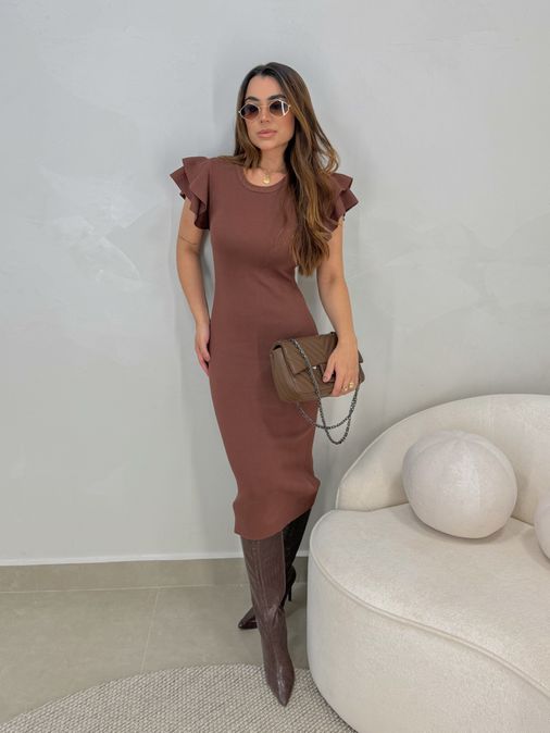 Vestido Manguinha Tricot Café - Loja La Mina 