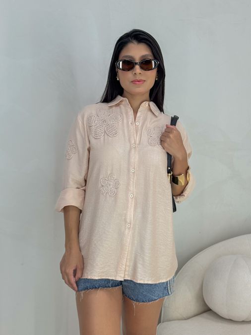 Camisa Bordada Paris Areia - Loja La Mina 