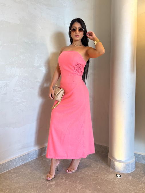 Vestido Linho Milão Rosa - Loja La Mina 