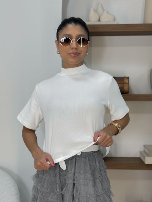 Blusa Manguinha Aveludada Branca - Loja La Mina 