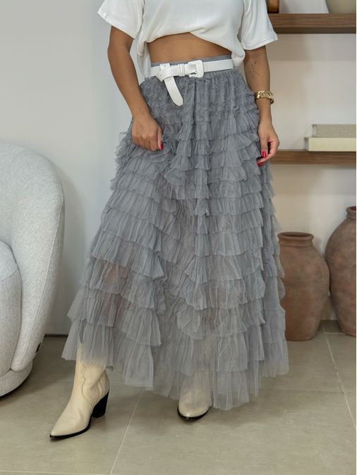 Saia Midi Tule Polônia Cinza - Loja La Mina 