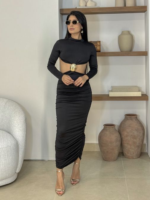 Vestido Midi Abertura Suplex Preto - Loja La Mina 