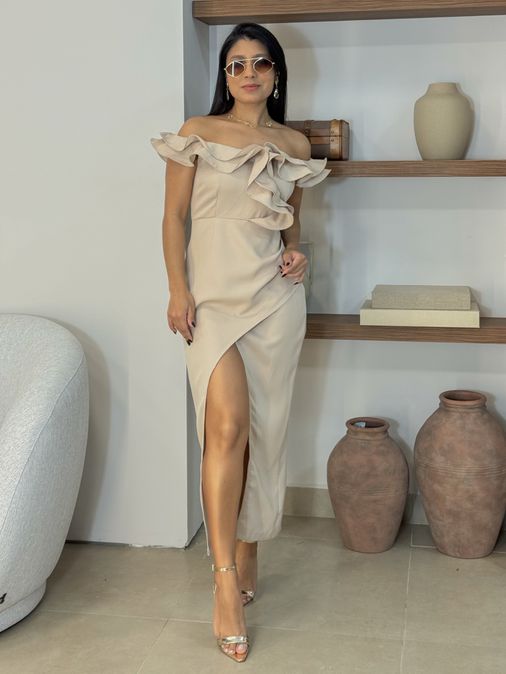 Vestido Babado Isadora Areia - Loja La Mina 