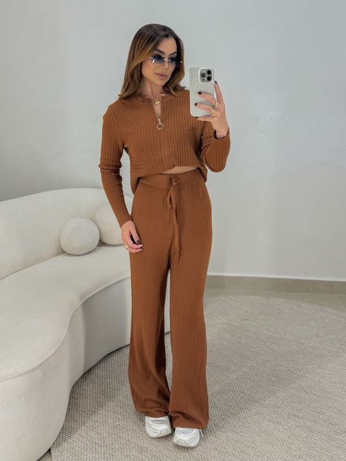 Conjunto Tricot Zíper Germana Telha - Loja La Mina 