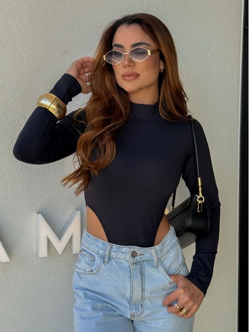 Body Manga Longa Nádia Preto - Loja La Mina 