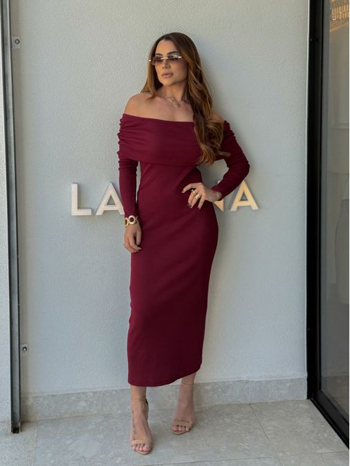 Vestido Canelado Ombro a Ombro Cereja - Loja La Mina 