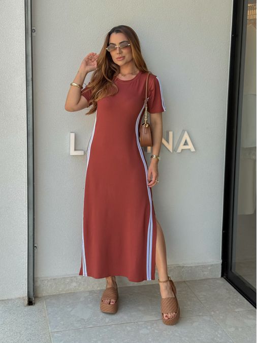 Vestido Manguinha Listra Telha - Loja La Mina 