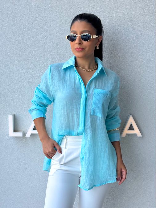 Camisa Viscolinho Aline Azul Piscina - Loja La Mina 