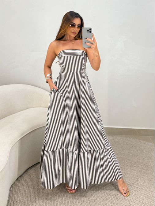Vestido Listrado Tomara que Caia Alanis Café - Loja La Mina 