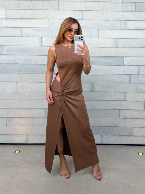 Vestido Tricot Brilho Victoria Marrom - Loja La Mina 