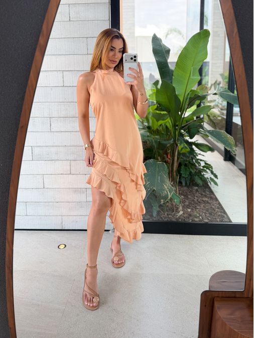 Vestido Gola Alta Anelise Aperol - Loja La Mina 