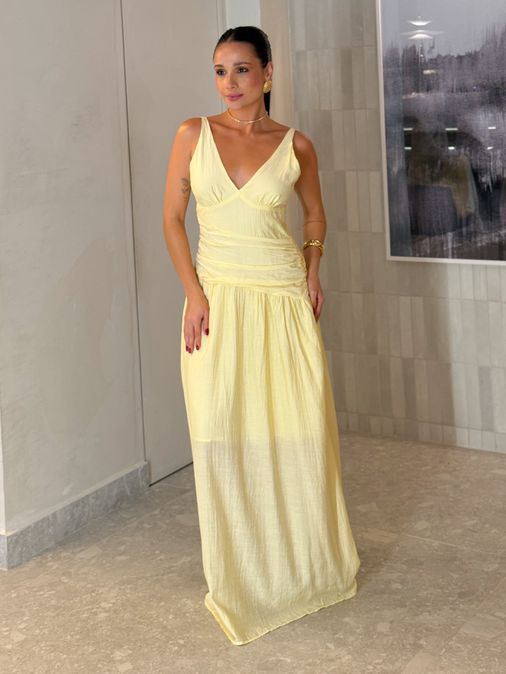 Vestido Franzido Alexia Manteiga - Loja La Mina 