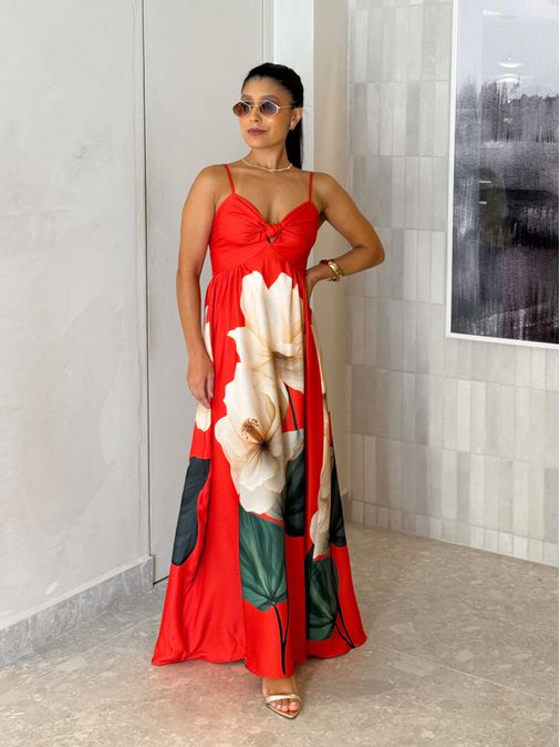 Vestido Estampado Filipinas Vermelho - Loja La Mina 