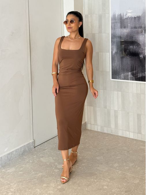 Vestido Midi Alça Beth Café - Loja La Mina 
