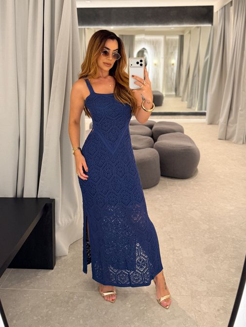 Vestido Tricot Rendado Marla Azul - Loja La Mina 