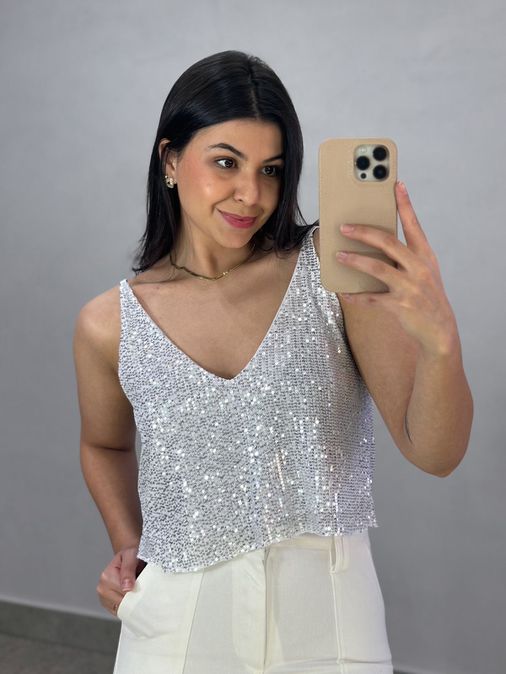 Cropped Paetê Lorena Prata - Loja La Mina 