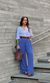 Calça Wide Leg Elástico Listrada - Azul Escuro/Branco