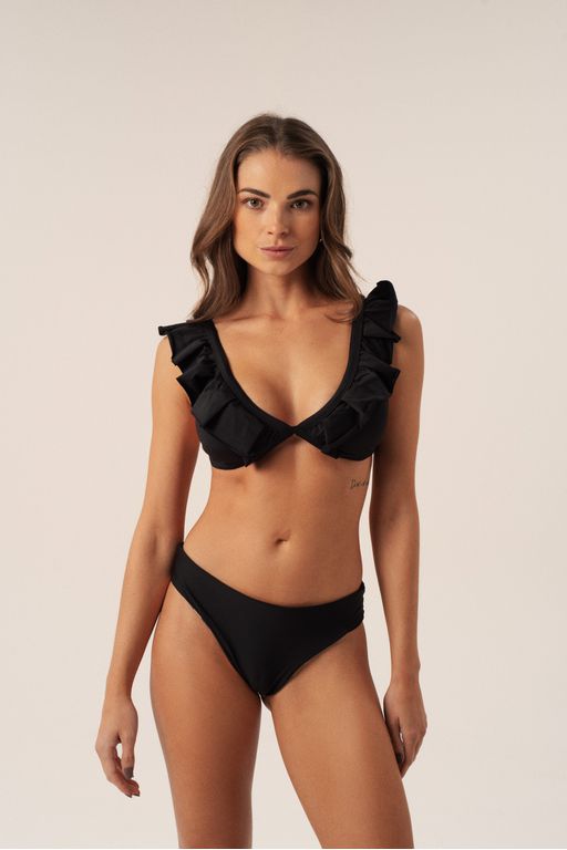 TOP CORTINÃO BABADOS PRETO E CALCINHA RETA DUPLA FACE ZAMBIA 