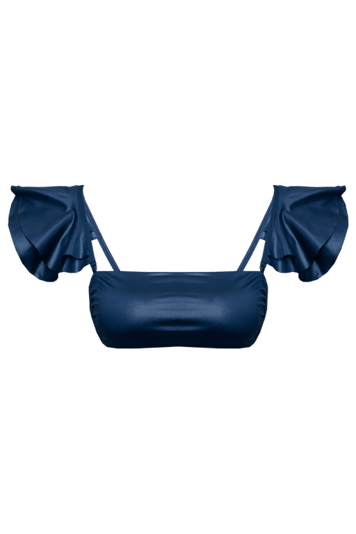 TOP FAIXA ALÇA BABADOS CIRRÊ AZUL E CALCINHA BORBOLETA DUPLA FACE CIRRÊ AZUL/ CANDY