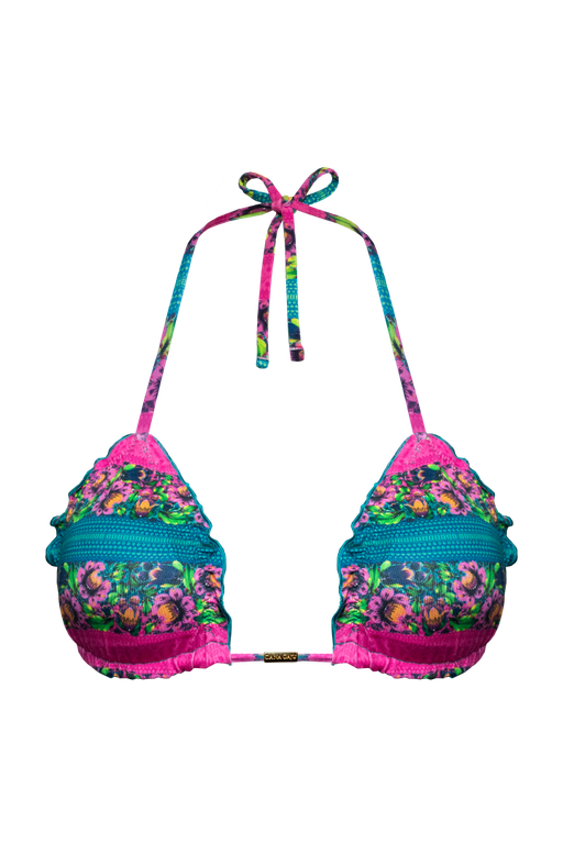 TOP CORTININHA RIPPLE DUPLA FACE FLORAL ATENAS/ VERDE MENTA E CALCINHA LACINHO DUPLA FACE FLORAL ATENAS/ VERDE MENTA