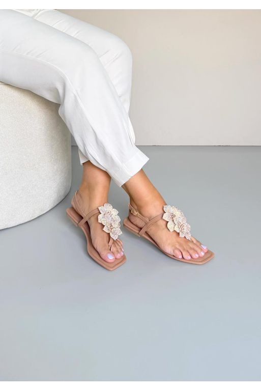 Sandália Rasteira Flor Strass Festa_3451- Nude - Carolina Lins