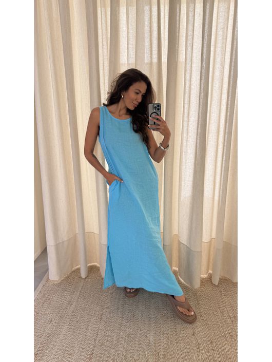 Vestido Regata 100% Italiano Reto Com Bolsos Azul ... - CS BY KATI