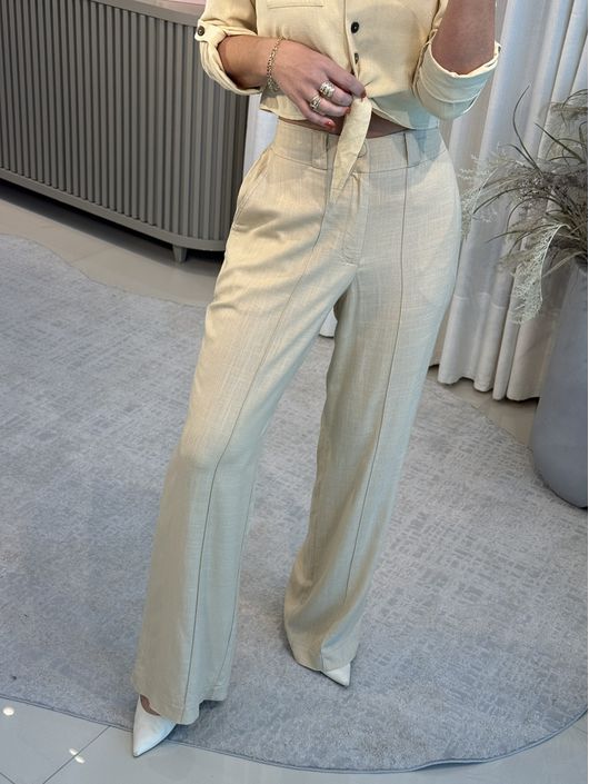Calça Linho Essencial Com Elástico Na Cintura Bege... - CS BY KATI
