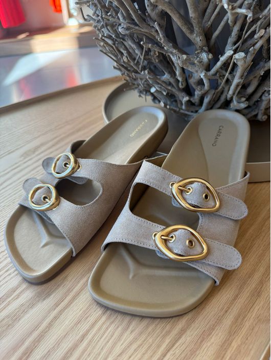 Chinelo Flat Slide Carrano Couro Suede Bege 2909 -... - CS BY KATI