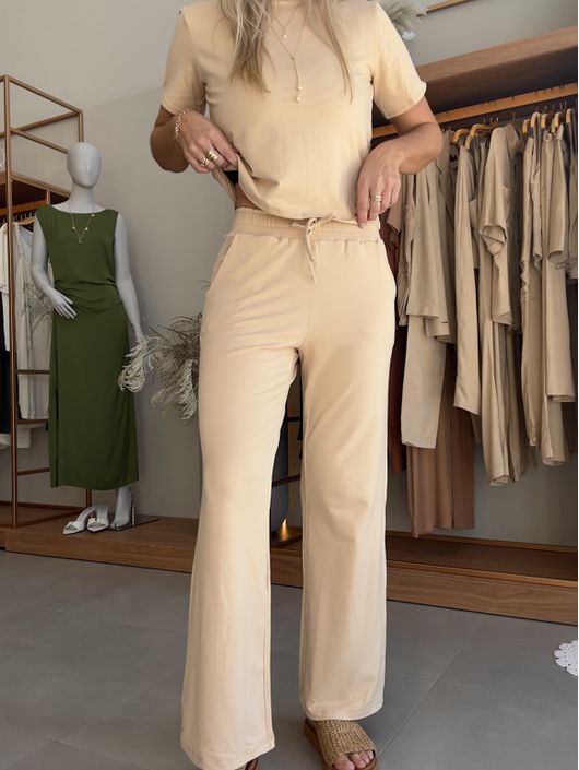 Calça Youbasic Reta Com Amarração Na Cintura Bege ... - CS BY KATI