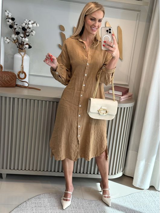 Vestido Manga Longa Com Botão 100% Linho Italiano ... - CS BY KATI