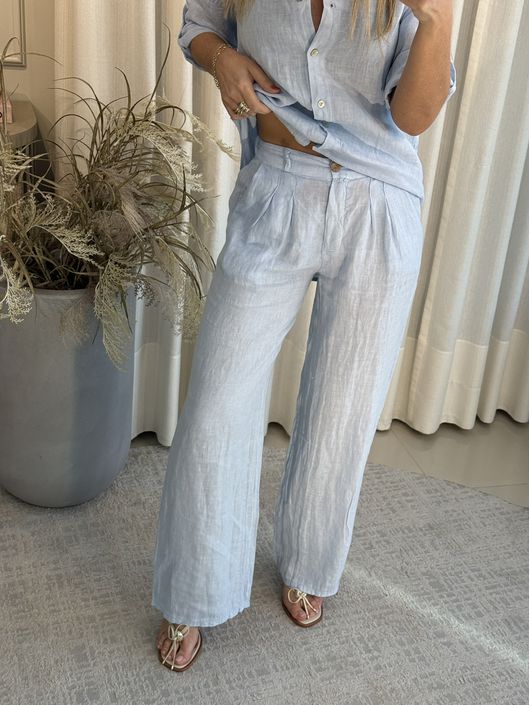 Calça De Linho 100% Italiano Cris Azul Claro 3008 ... - CS BY KATI