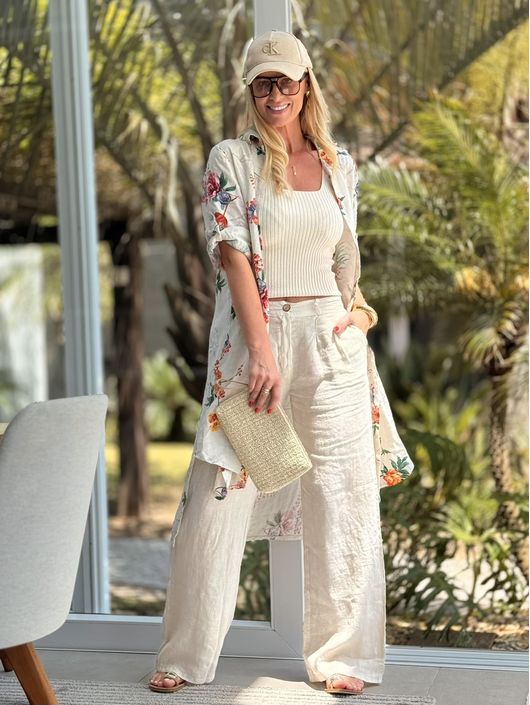 Chemise MS 100% Linho Italiano Floral Cru Izadora ... - CS BY KATI