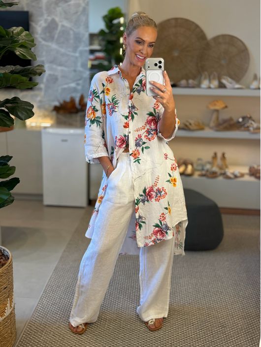 Chemise MS 100% Linho Italiano Floral Izadora Off ... - CS BY KATI