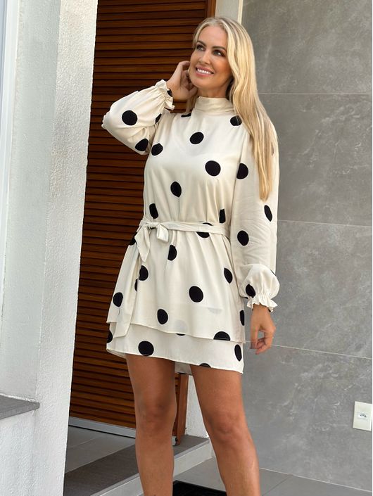 Vestido Curto Manga Longa Bufante Com Faixa - K349... - CS BY KATI