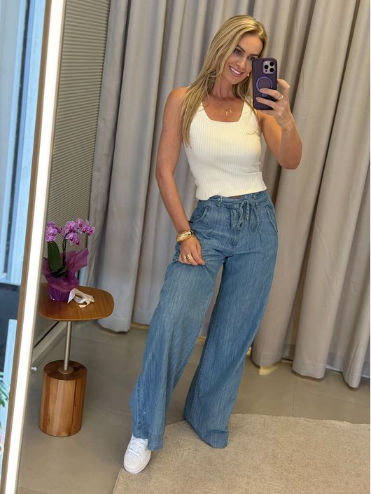 Calça Lez a Lez Jeans Cintura Alta Com Linho Panta... - CS BY KATI