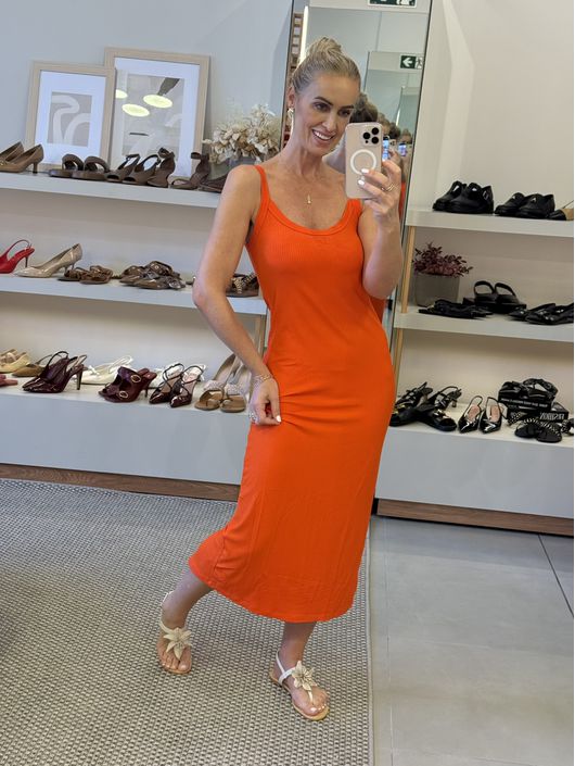 Vestido Lez a Lez Midi Em Malha Canelada Laranja 0... - CS BY KATI