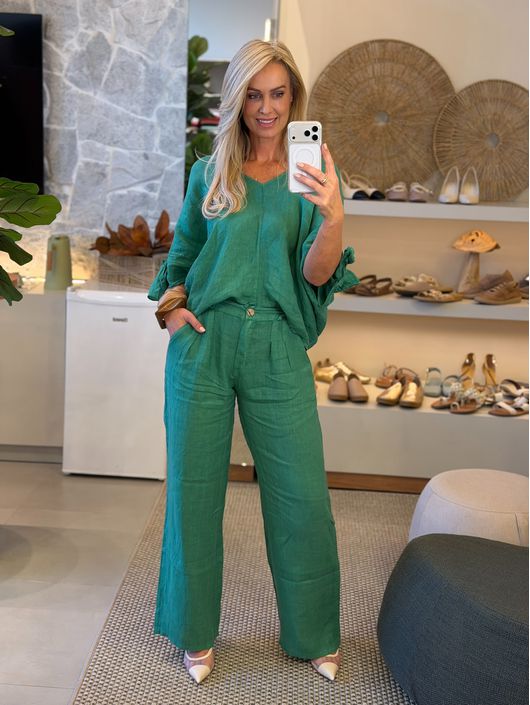 Calça De Linho 100% Italiano Cris Verde Esmeralda ... - CS BY KATI