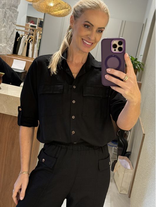 Camisa Linho Essencial Manga Longa Mullet Preto 23... - CS BY KATI