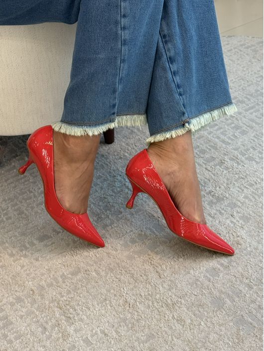 Scarpin Salto Fino Drop Baixo Couro Verniz Vermelh... - CS BY KATI