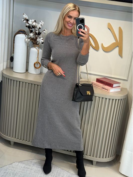 Vestido Midi Chá De Mangas Longas Em Malha Canelad... - CS BY KATI