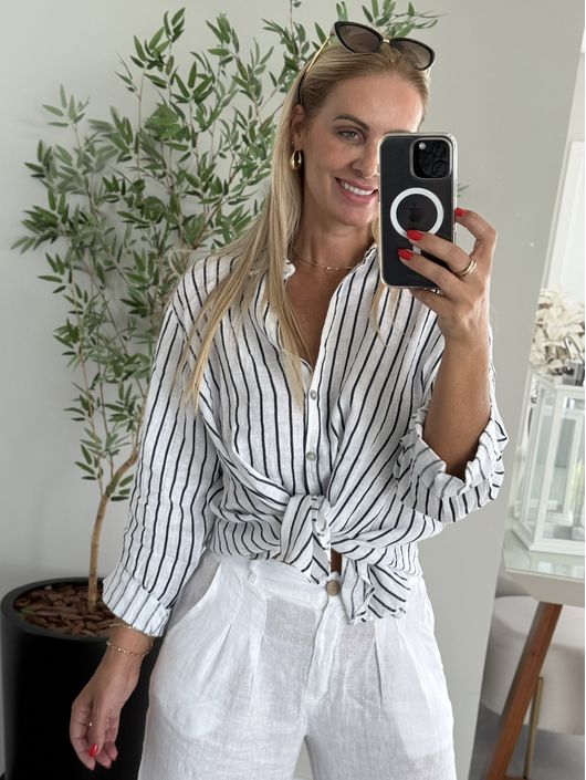 Camisa Listrada Em Linho 100% Italiano - K3456M - CS BY KATI