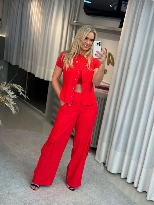 Colete Blusa Vanews Com Botões Forrados Vermelho ... - CS BY KATI