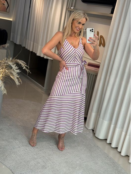 Vestido Midi Chá em Linho Estampado com Cinto - K6... - CS BY KATI