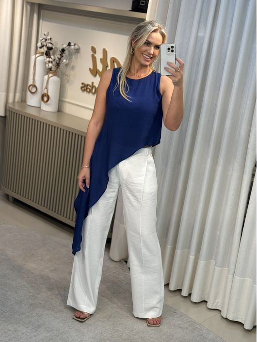 Blusa Assimétrica em Shantung com Ponta Azul - K87... - CS BY KATI