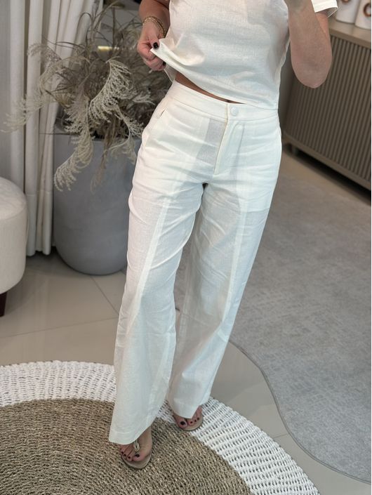 Calça Vanews De Viscolinho Com Bolsos Off White -... - CS BY KATI