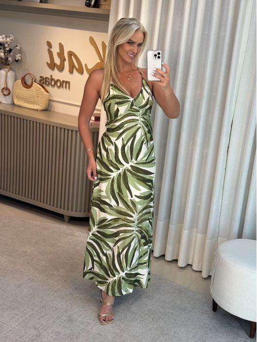 Vestido com Alças Longo em Viscose Leaf - K6886L - CS BY KATI