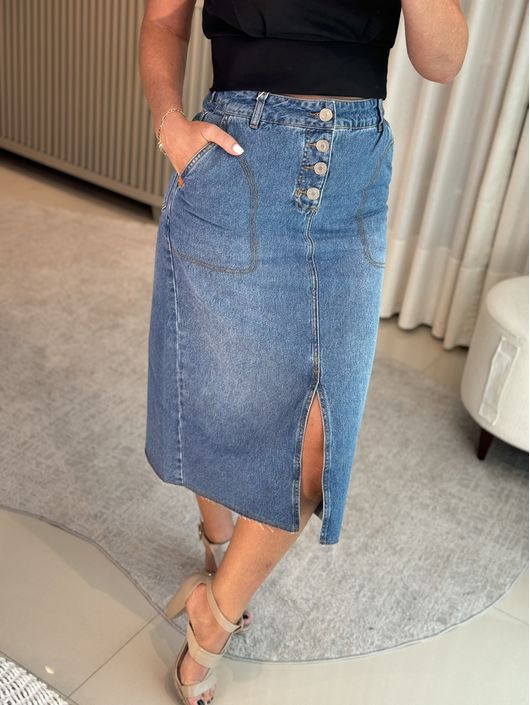 Saia Morena Rosa Longa Reta Abertura Frente Jeans ... - CS BY KATI